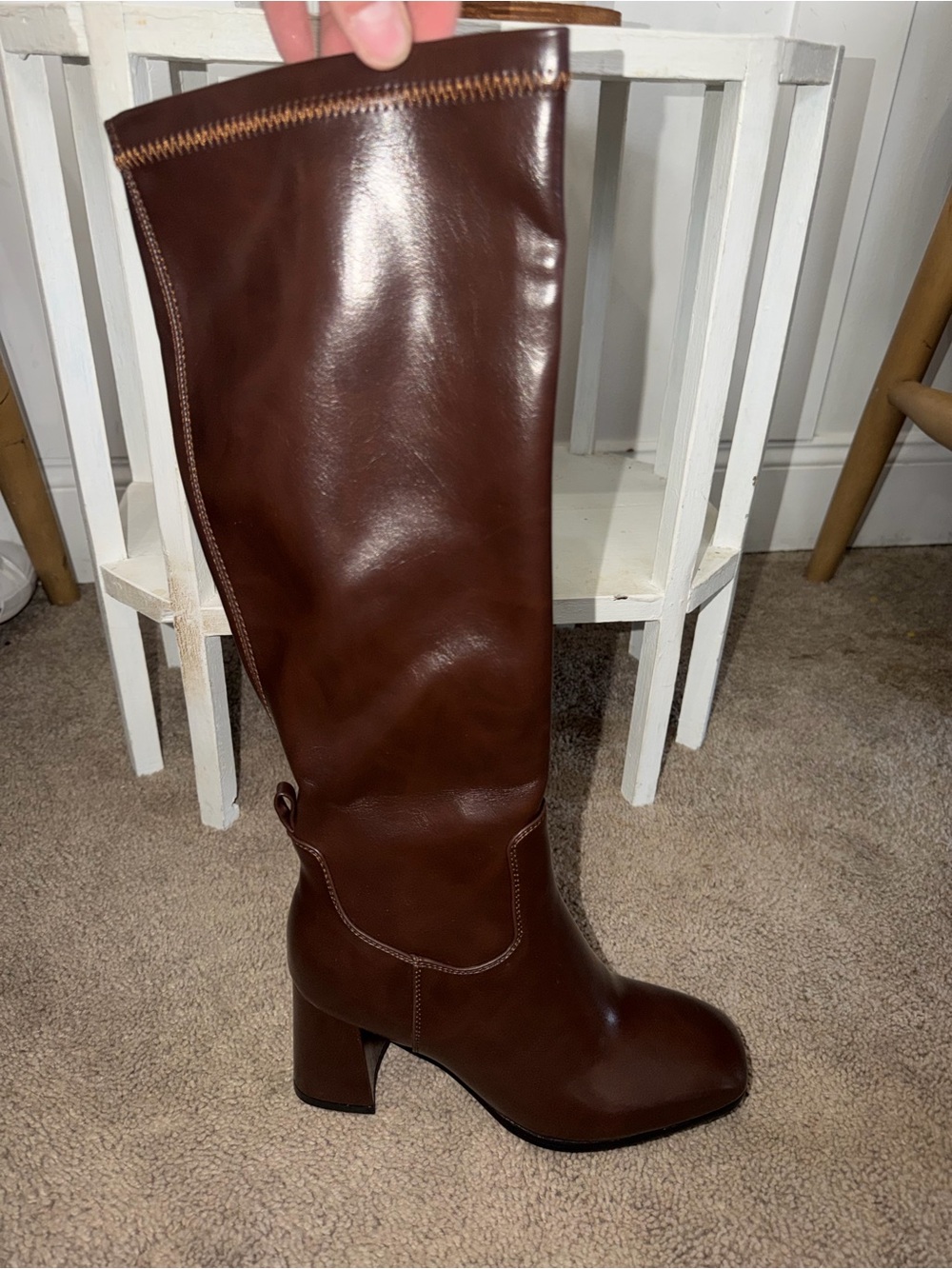 Women's Brown Mid-Calf Leather Block Heel Boots